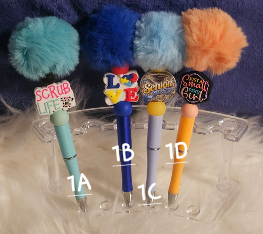 Fuzzy Beaded Refillable Pens W/ Silicone Focal Beads